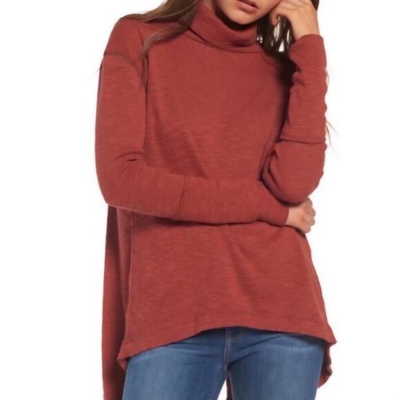 Free People Turtleneck Top Women's XS Sienne Red Split Back Tunic Soft Fall - Picture 1 of 5
